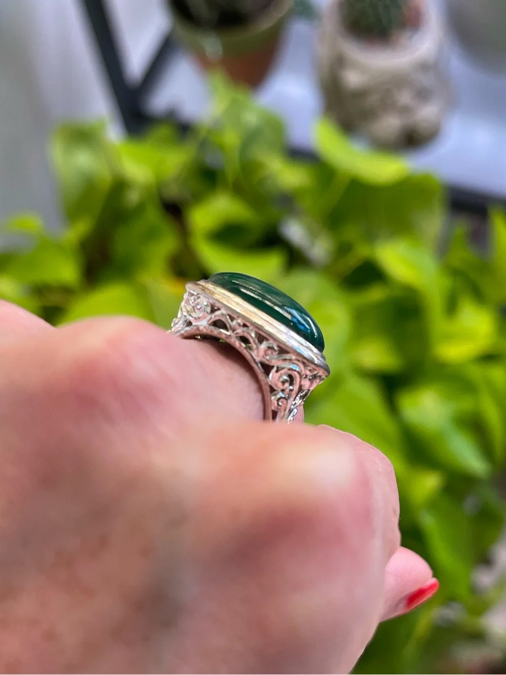 Sterling Silver Malachite Cabochon Estate Ring – Ornate Filigree – Size 6